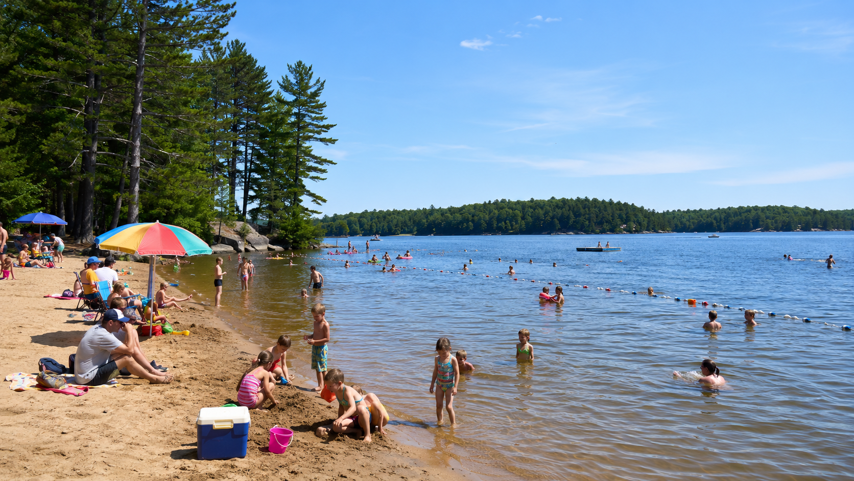 Sandy Muskoka beach with swimmers and pine trees on a summer day