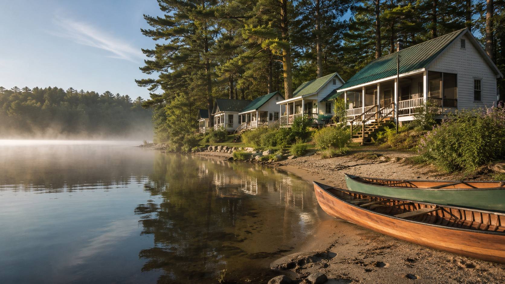 Row of small waterfront cottages with canoes on a Muskoka lake