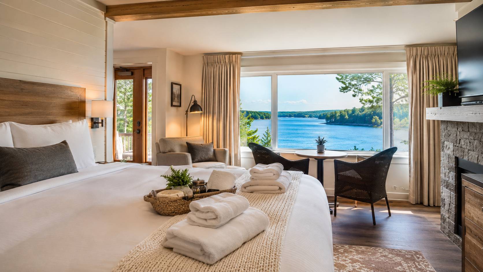 Resort suite with lake view and a welcome package on the bed