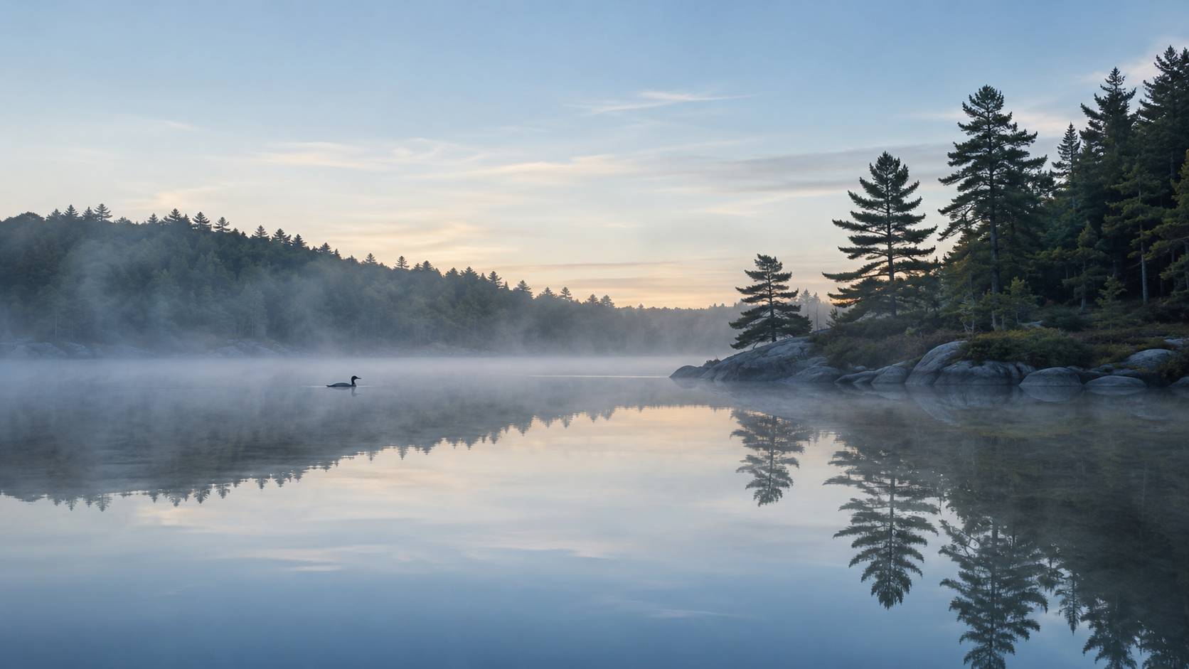 Calm Muskoka lake at dawn with light mist
