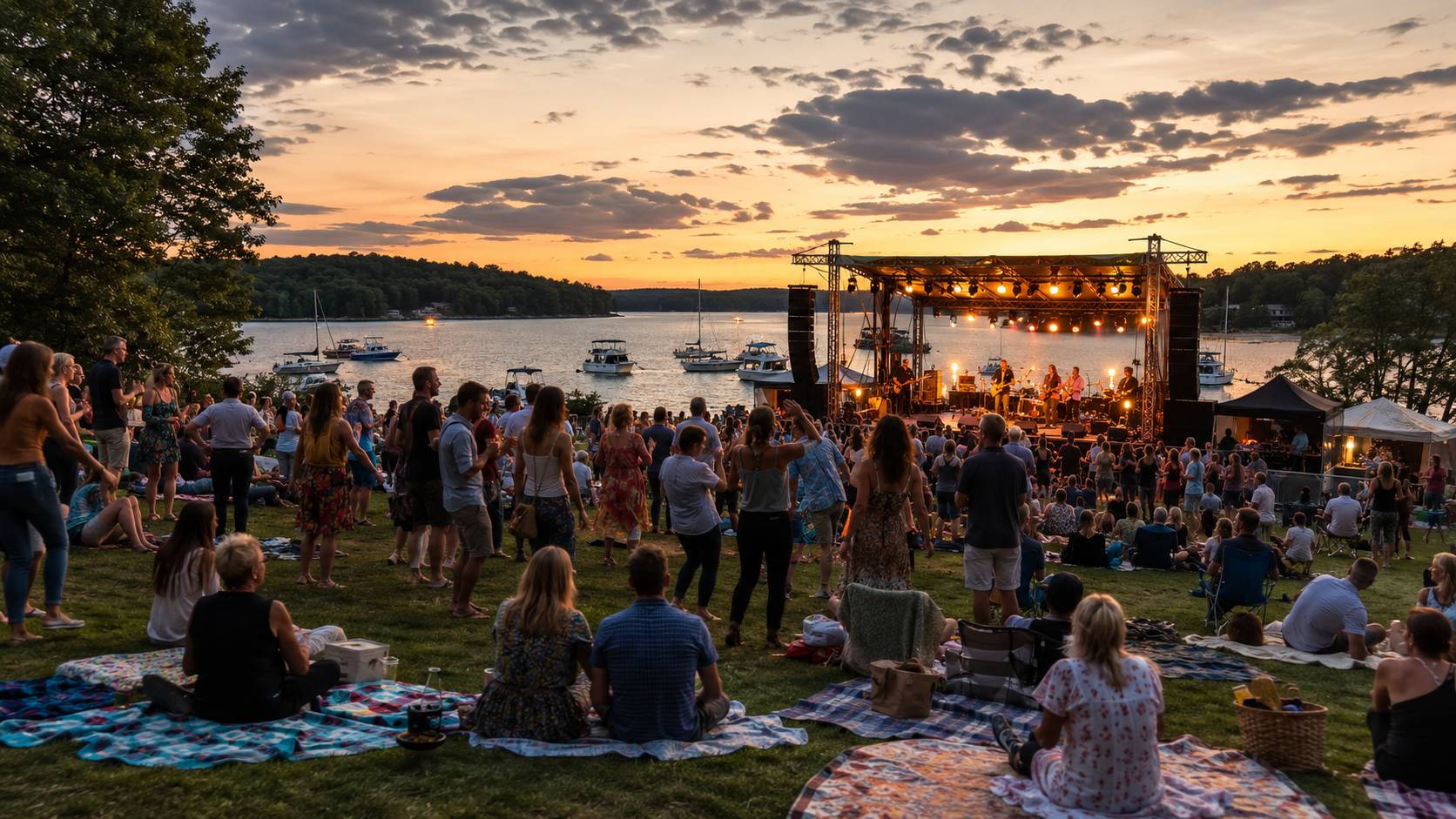 Outdoor summer concert crowd at a Muskoka waterfront festival