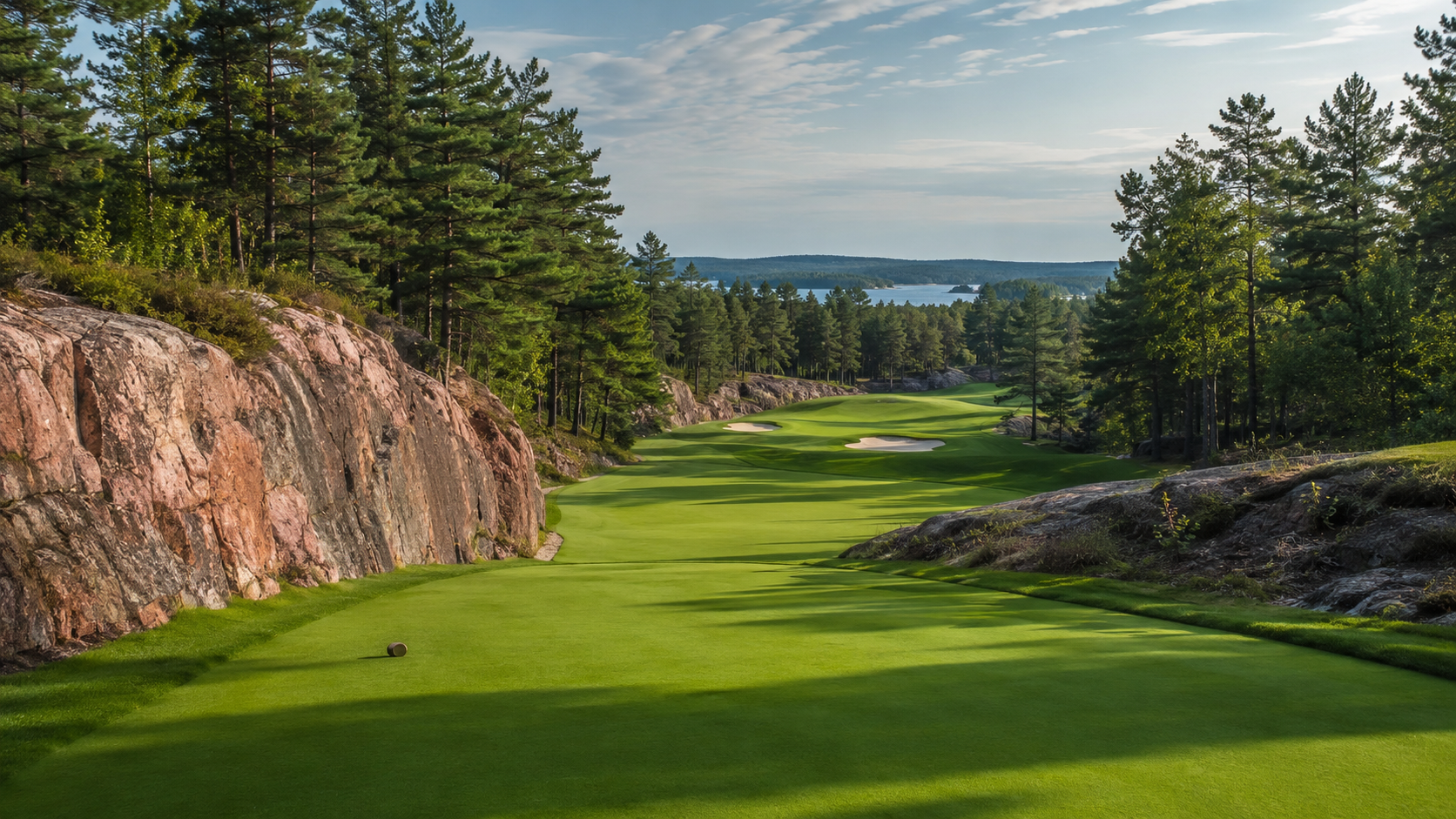 Golf fairway cut through Canadian Shield rock and pine forest