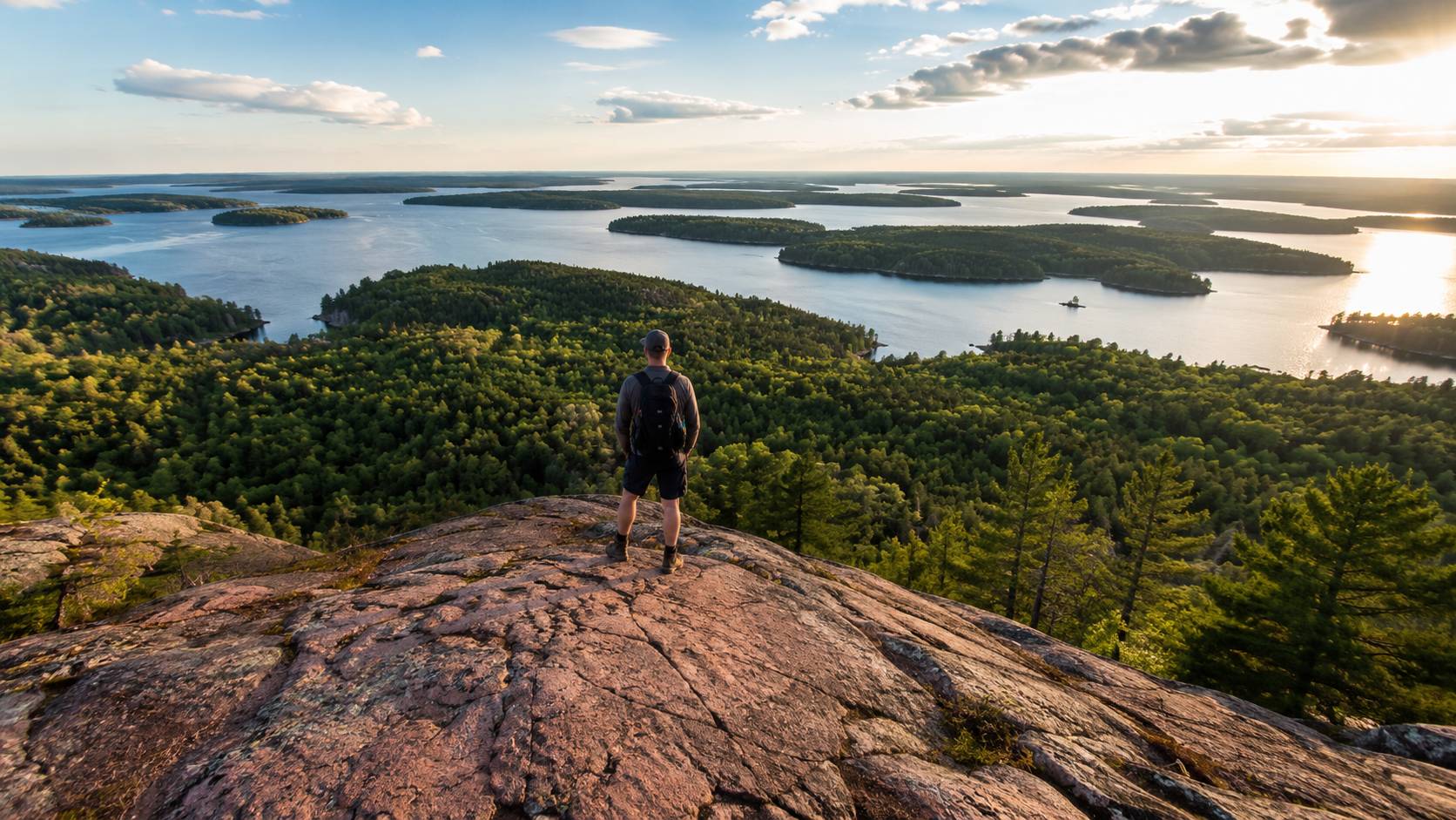 Hiker standing on pink granite lookout above Lake Muskoka