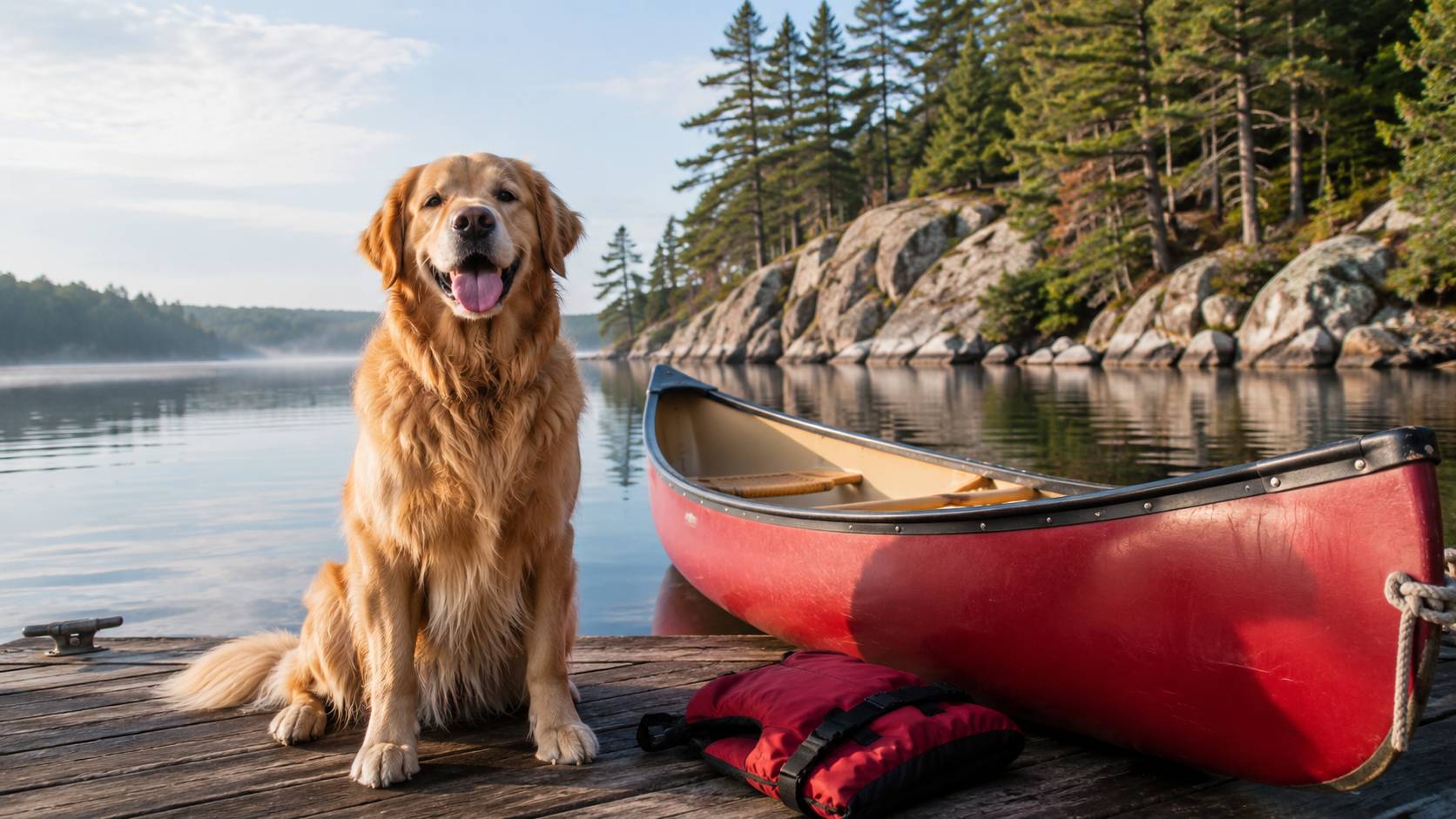Golden retriever sitting on a dock beside a canoe on a calm lake