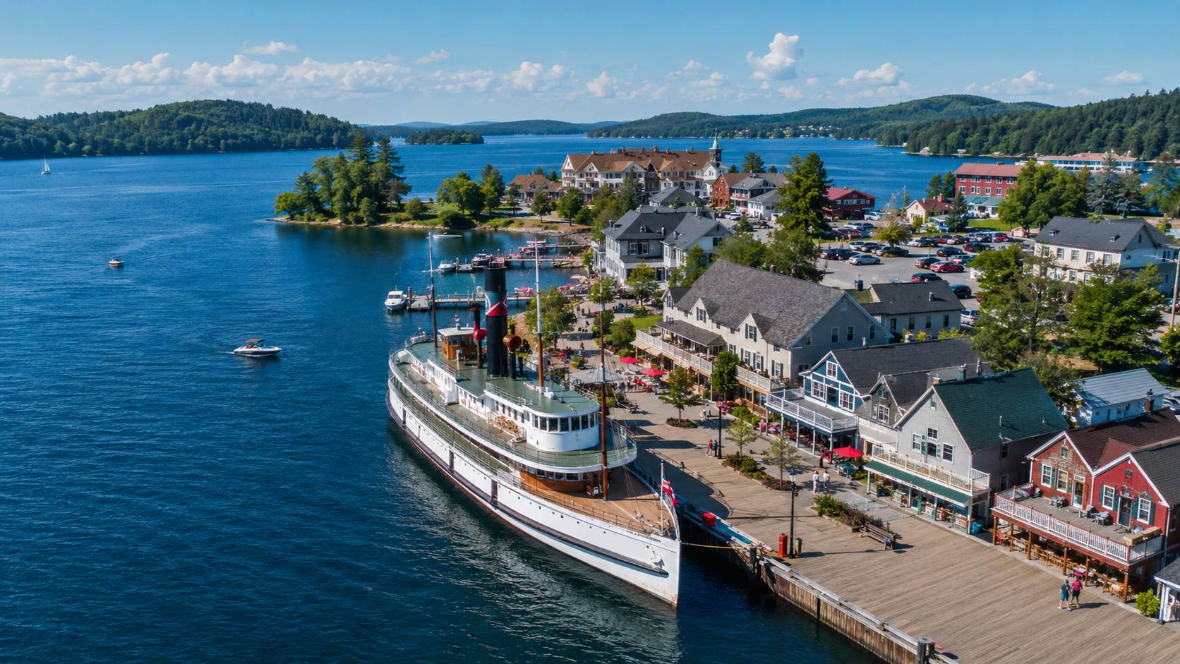 Aerial view of a Muskoka town wharf with steamships and shops