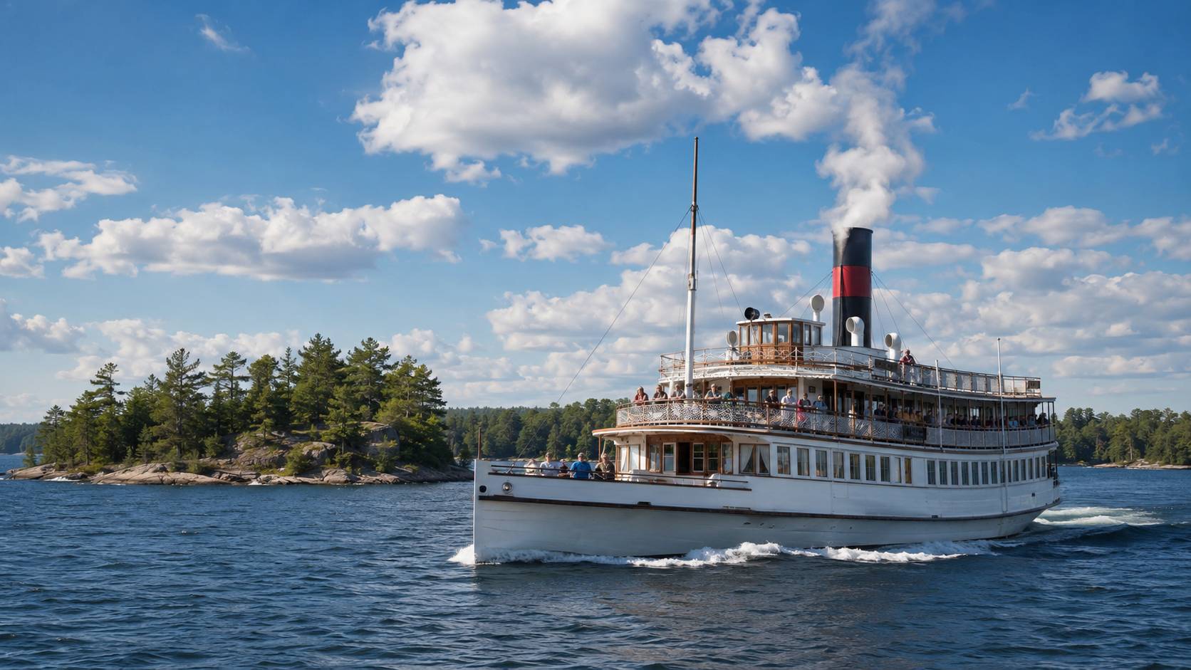 Steamship cruising past pine islands on Lake Muskoka