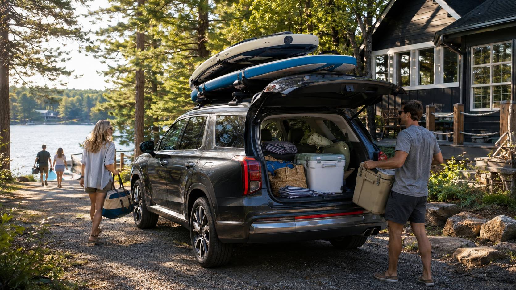 Packed car at a cottage resort with paddleboards on the roof