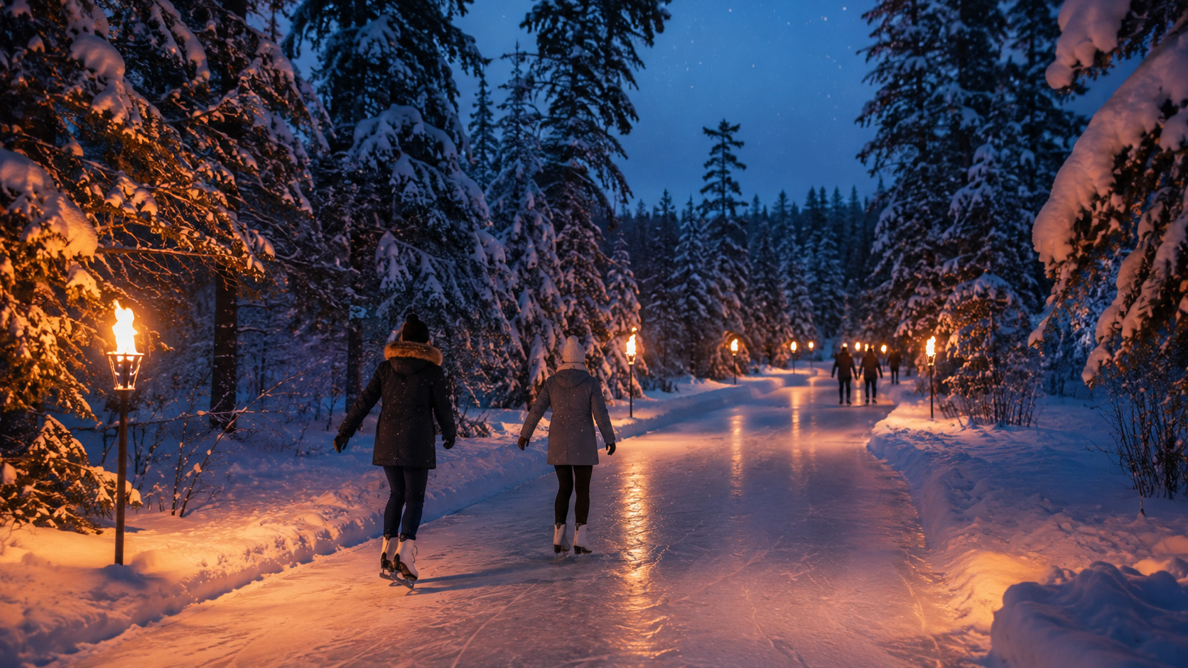 Skaters on a torchlit ice trail winding through snowy forest at dusk