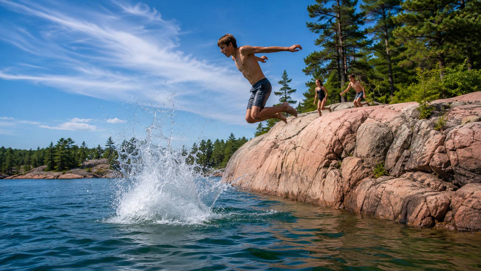Swimmers jumping from smooth granite rocks into clear lake water