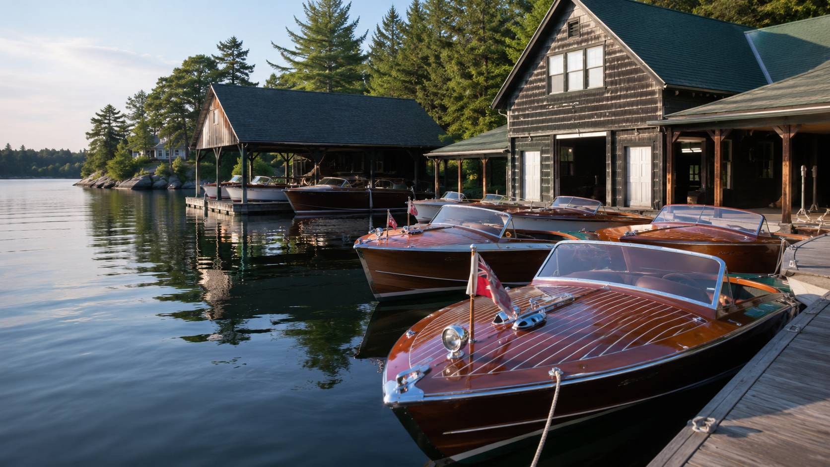 Classic wooden boats moored at a Muskoka marina