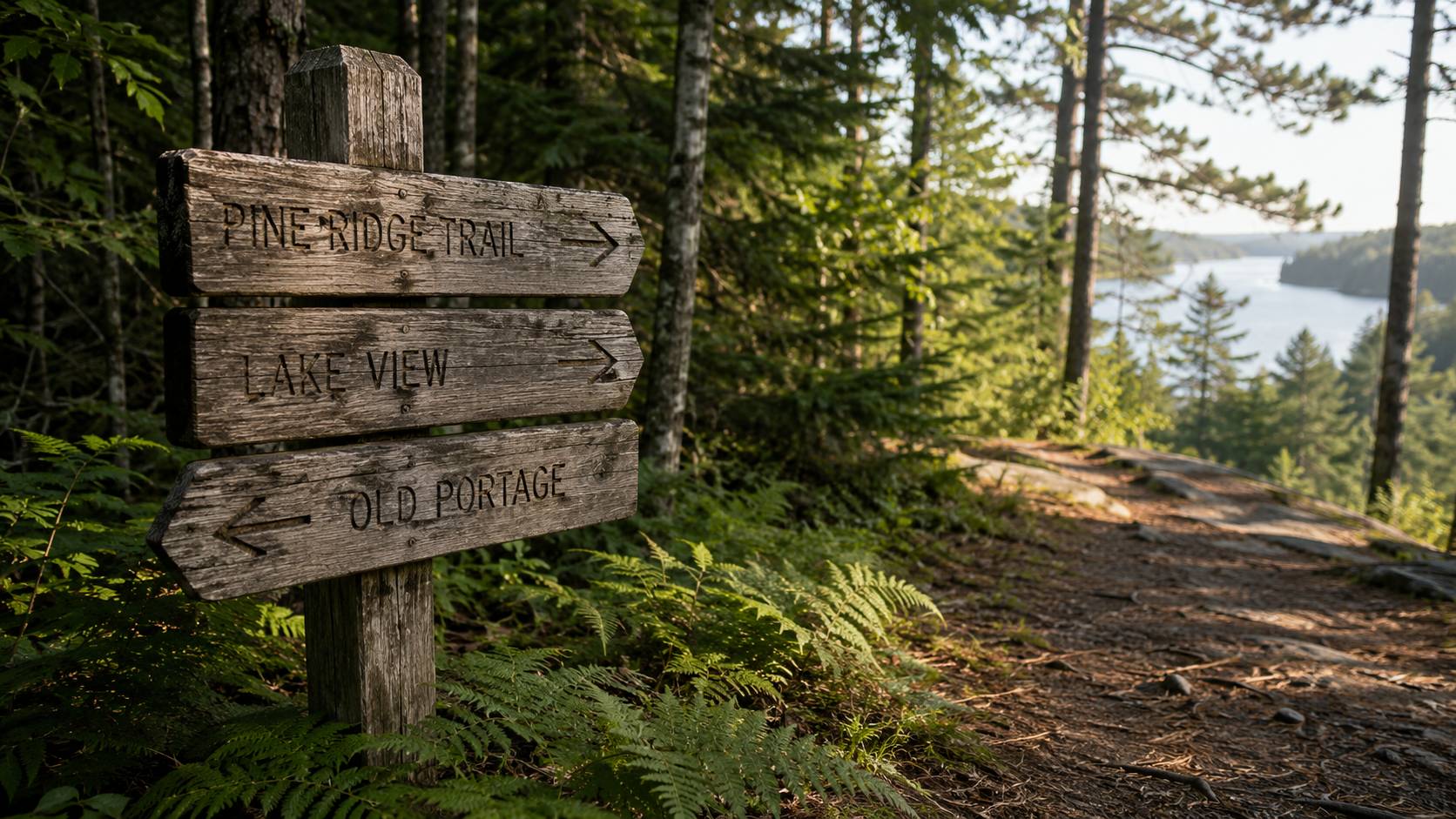 Wooden trail sign at the edge of a Muskoka forest