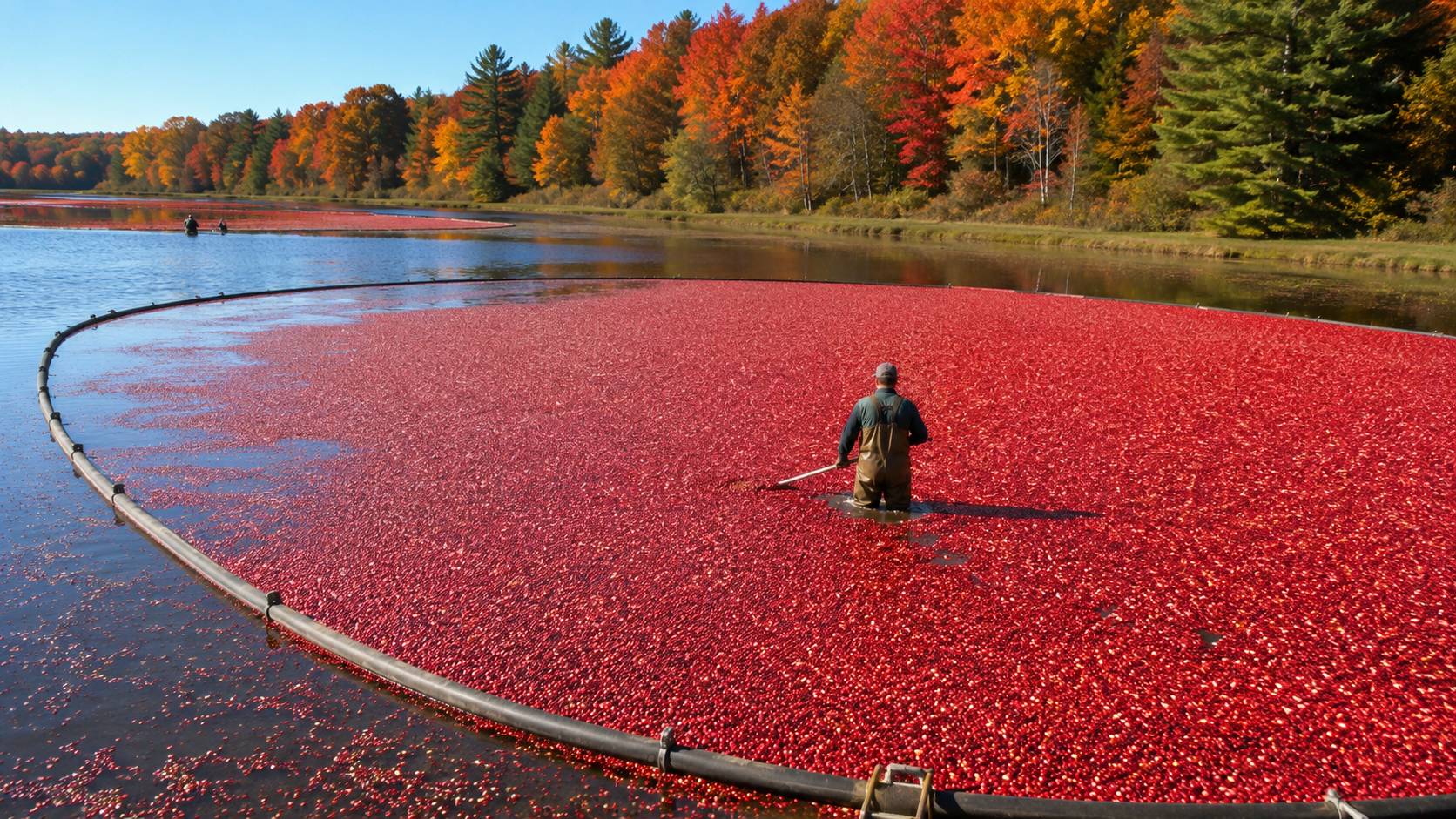 Cranberry harvest with bright red berries floating on flooded bog