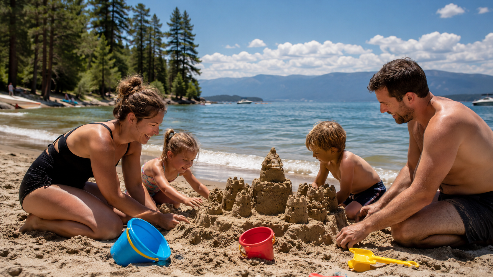 Family building a sandcastle on a resort beach