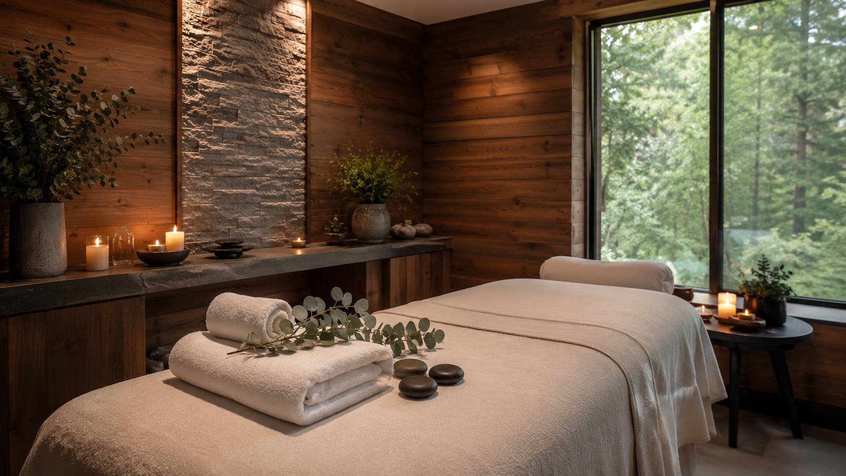 Resort spa room with cedar walls and soft light