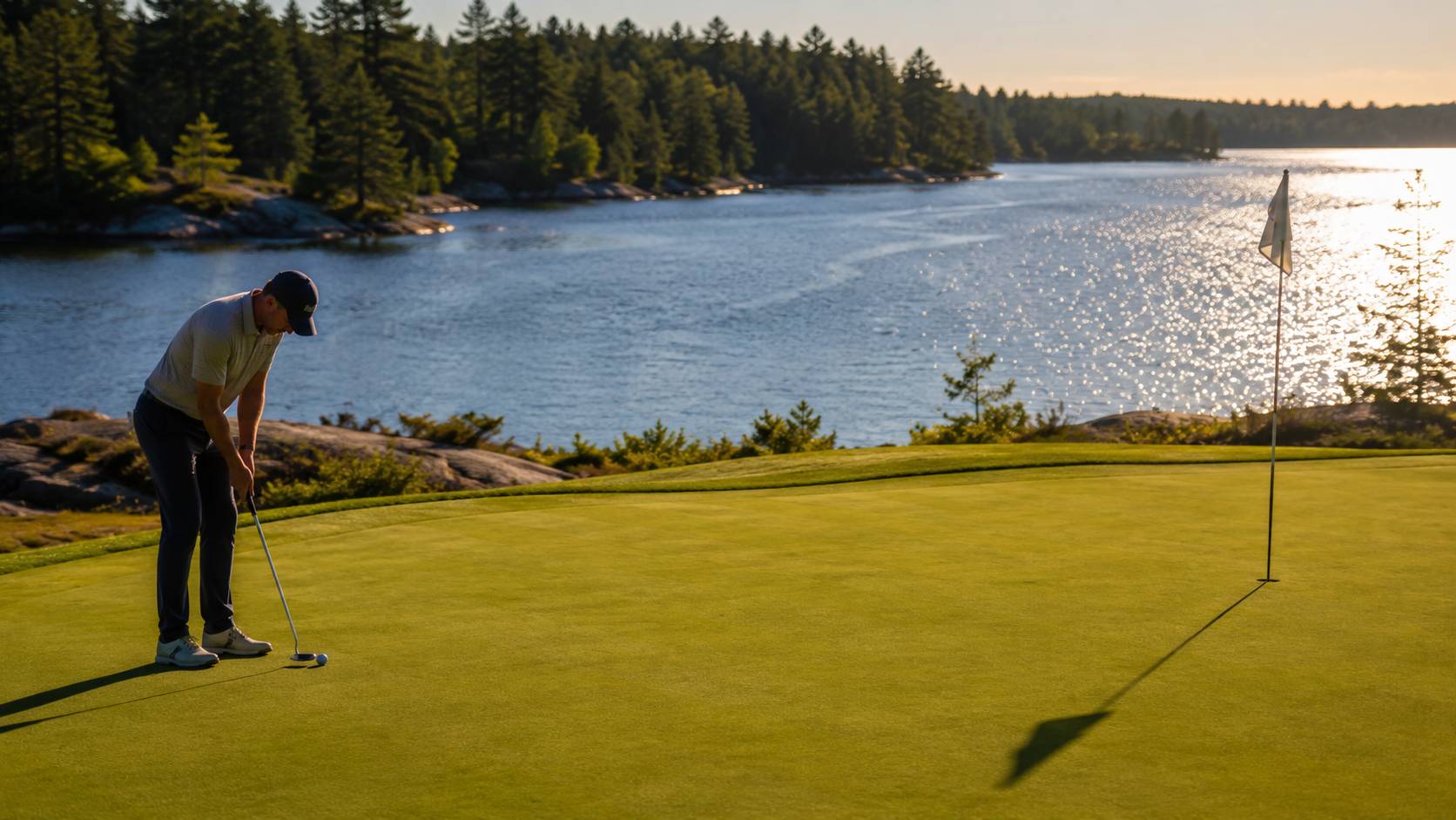 Golfer putting on a green with a Muskoka lake behind