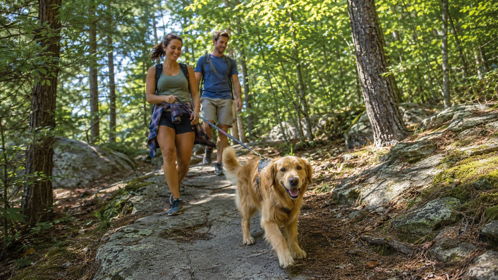 Dog on a leash hiking a forest trail with its owners