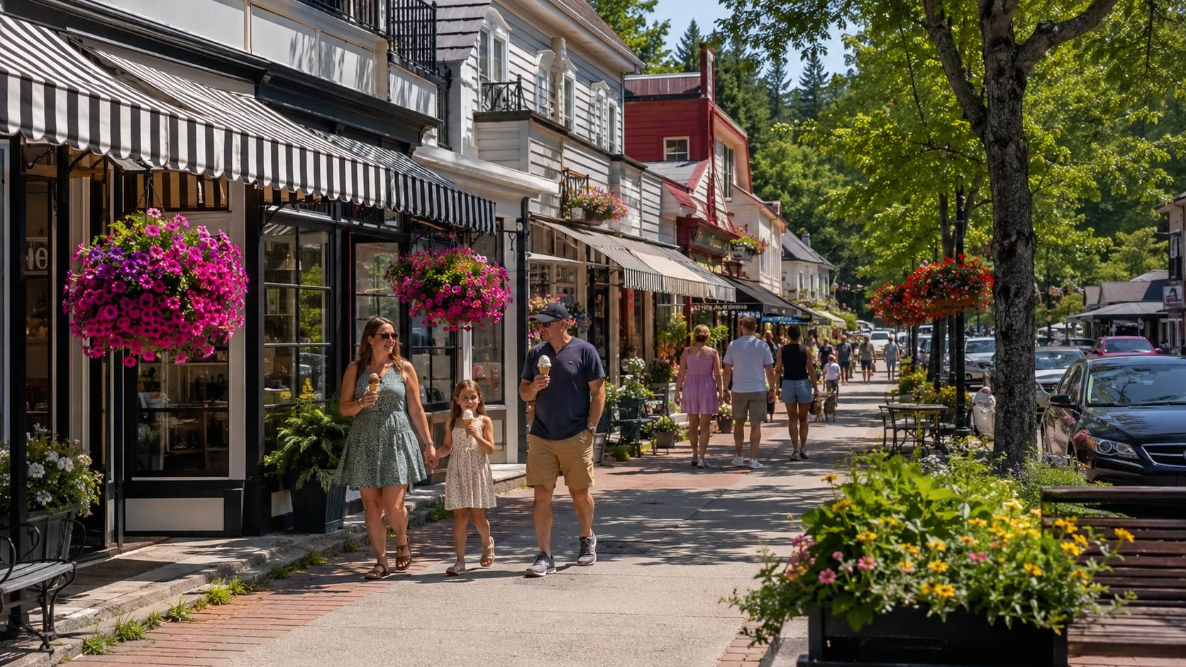 Charming Muskoka main street with shops and flower baskets