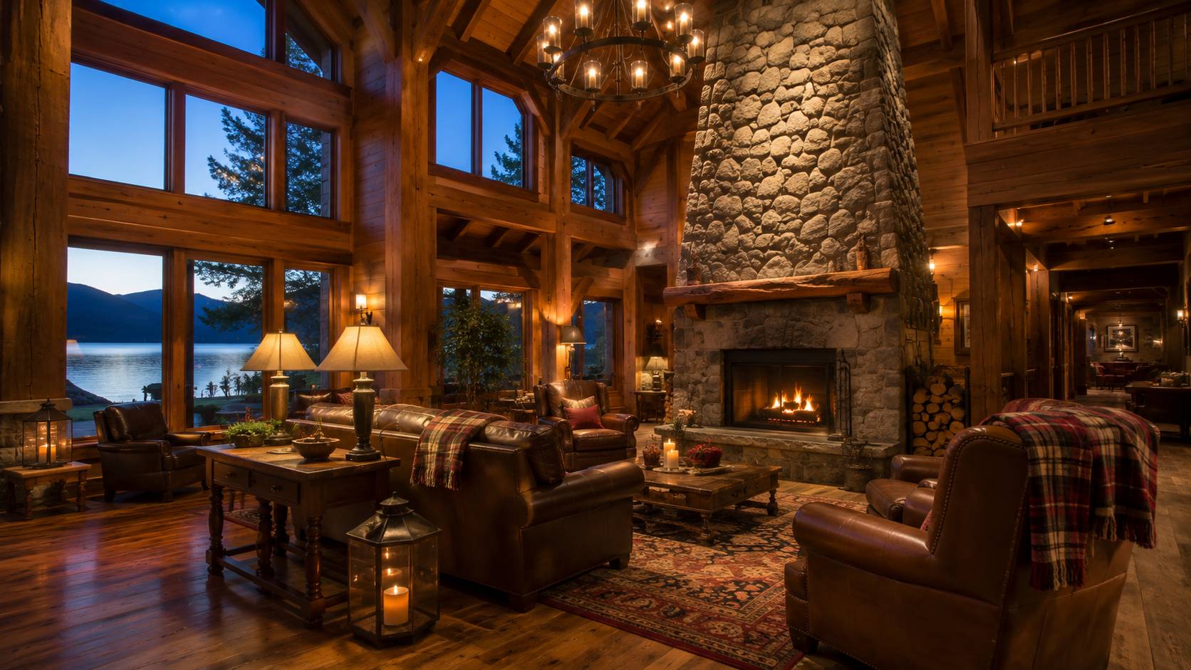 Timber-frame resort lobby with a stone fireplace