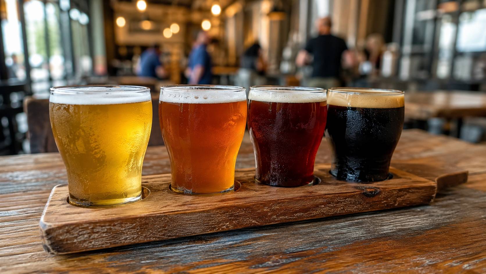 Flight of craft beer on a wooden table at a Muskoka brewery