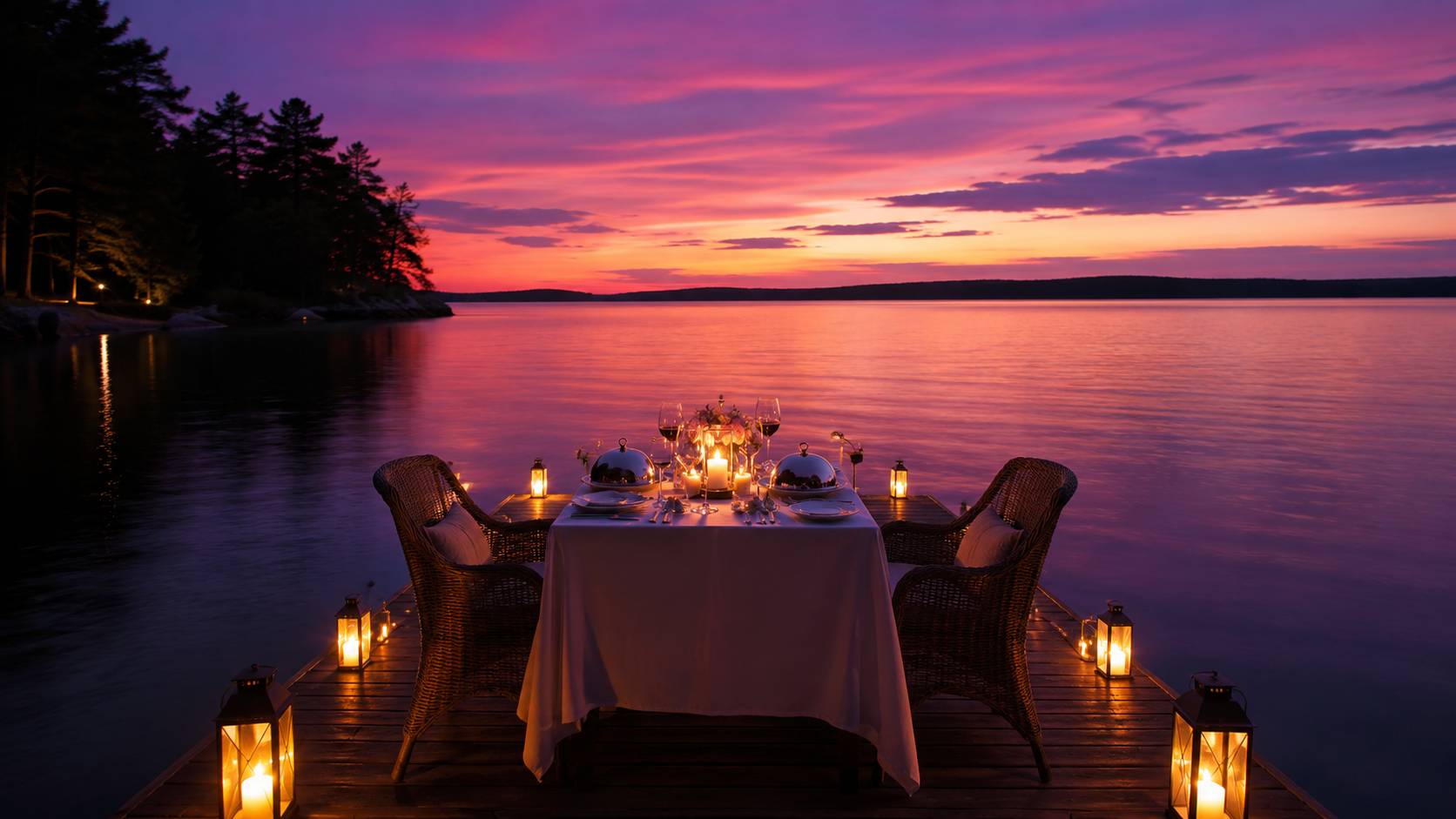 Candlelit lakeside dinner table at dusk