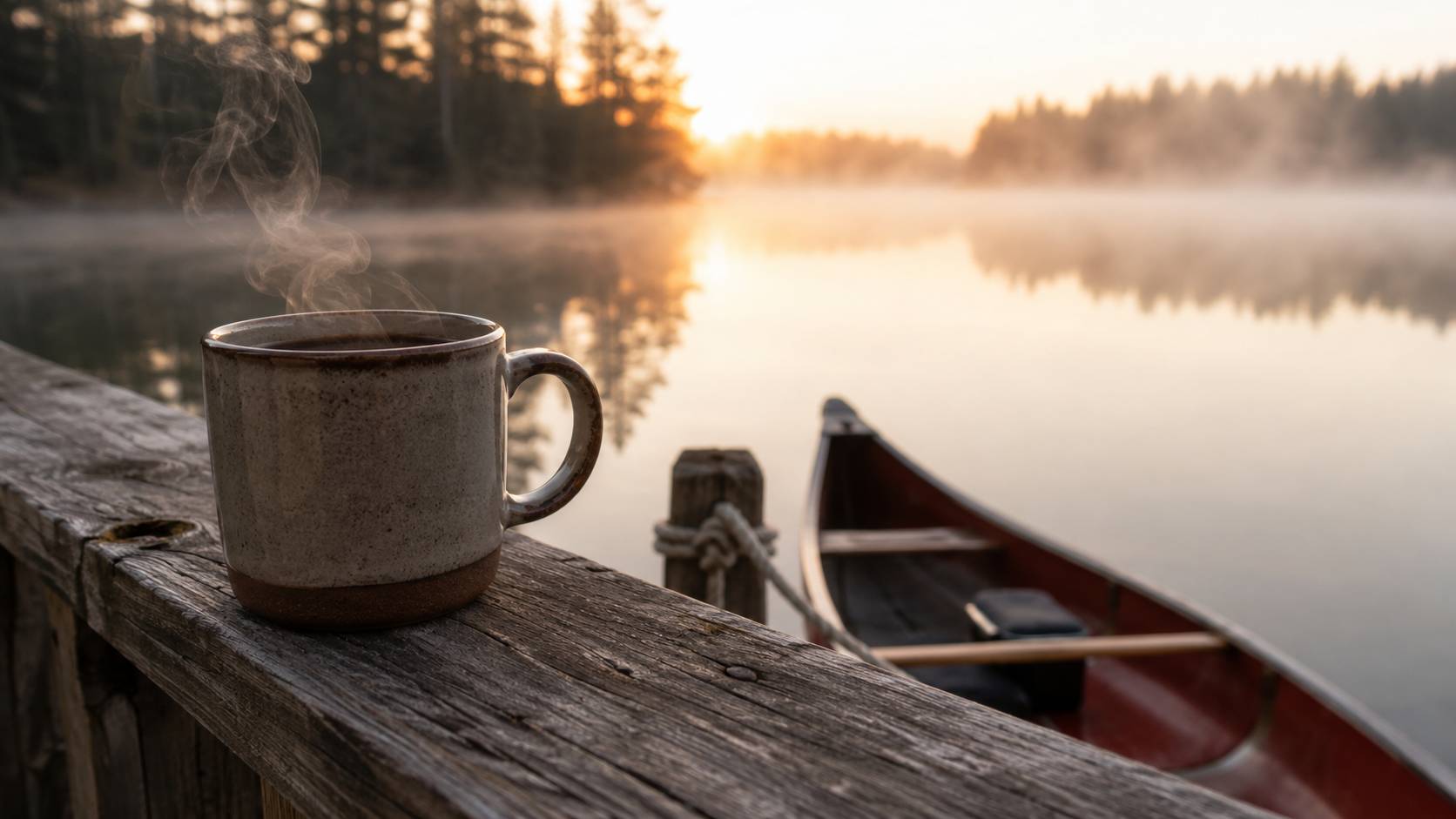 Morning coffee on a misty dock with a canoe tied alongside