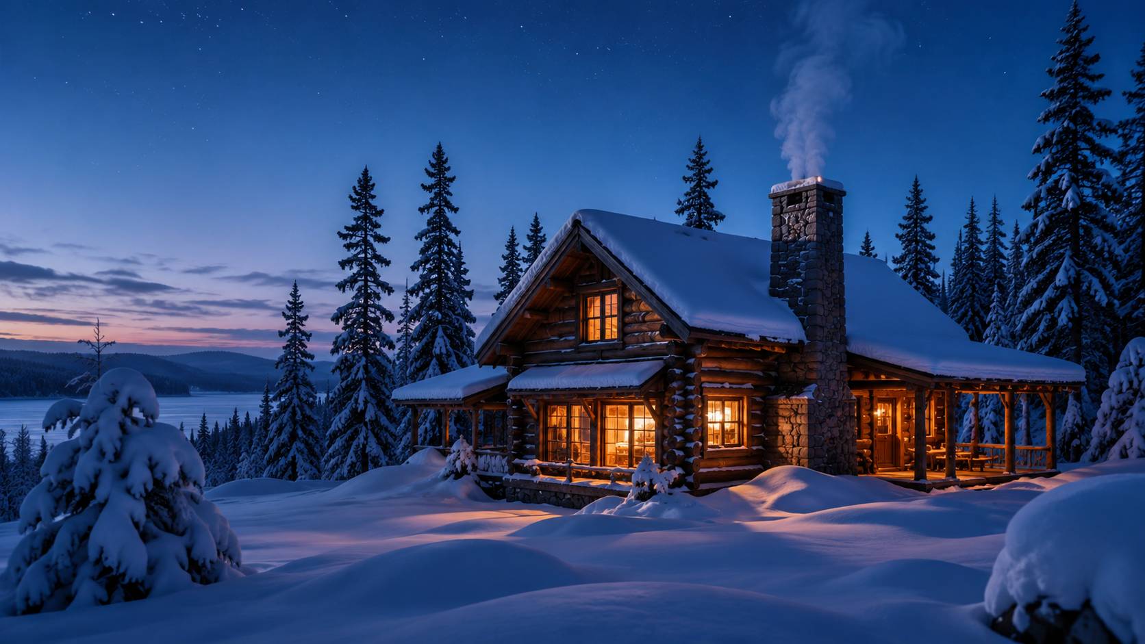 Snow-covered cabin with warm lights and smoke from the chimney